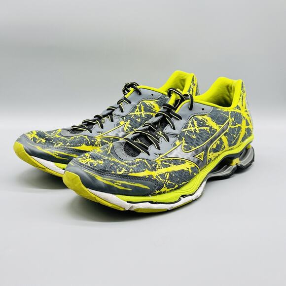 Mizuno Shoes Mens 14 Gray Yellow Paint Splatter Wave Creation 16 Running Sneaker - Picture 4 of 12